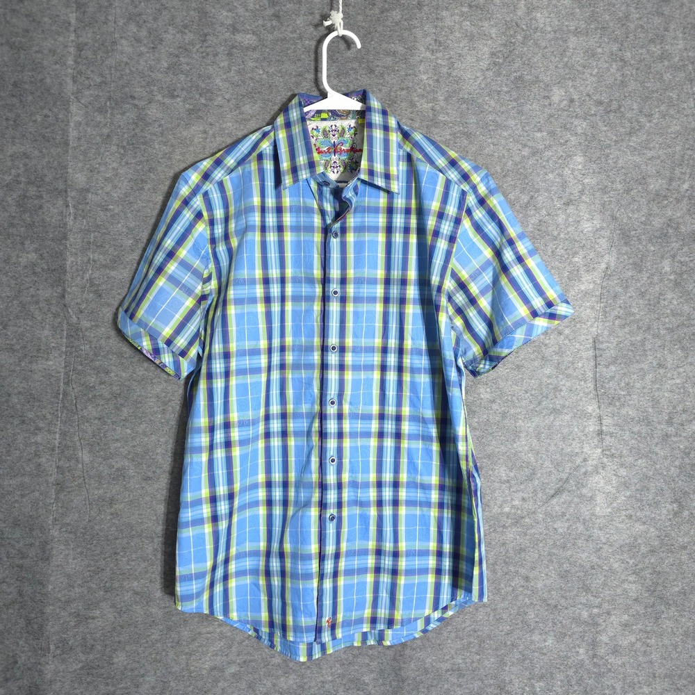 Robert Graham Plaid Shirt Mens L Blue Short Sleeve Classic Fit Paisley Cotton